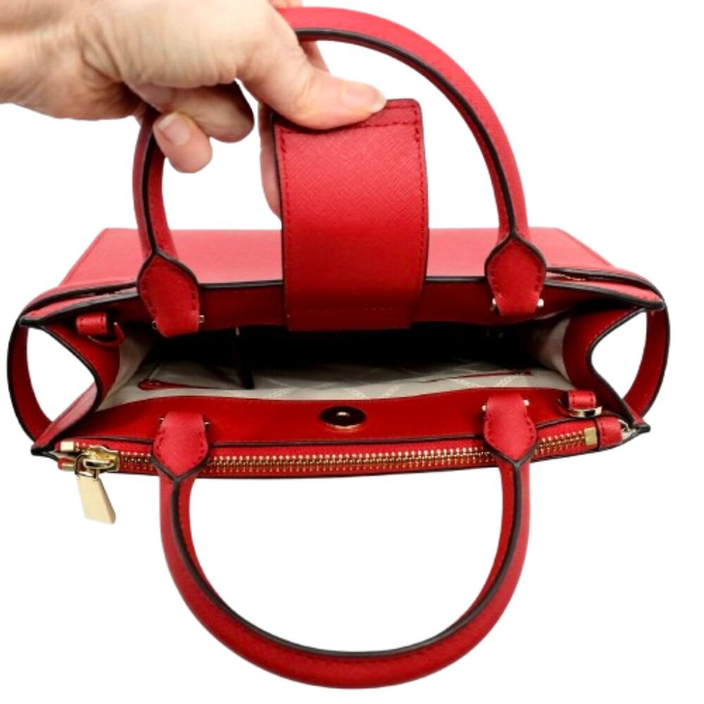 MICHAEL KORS~Karla East West~DOUBLE ZIP CROSSBODY SMALL SATCHEL RED LEATHER BAG - Picture 5 of 6